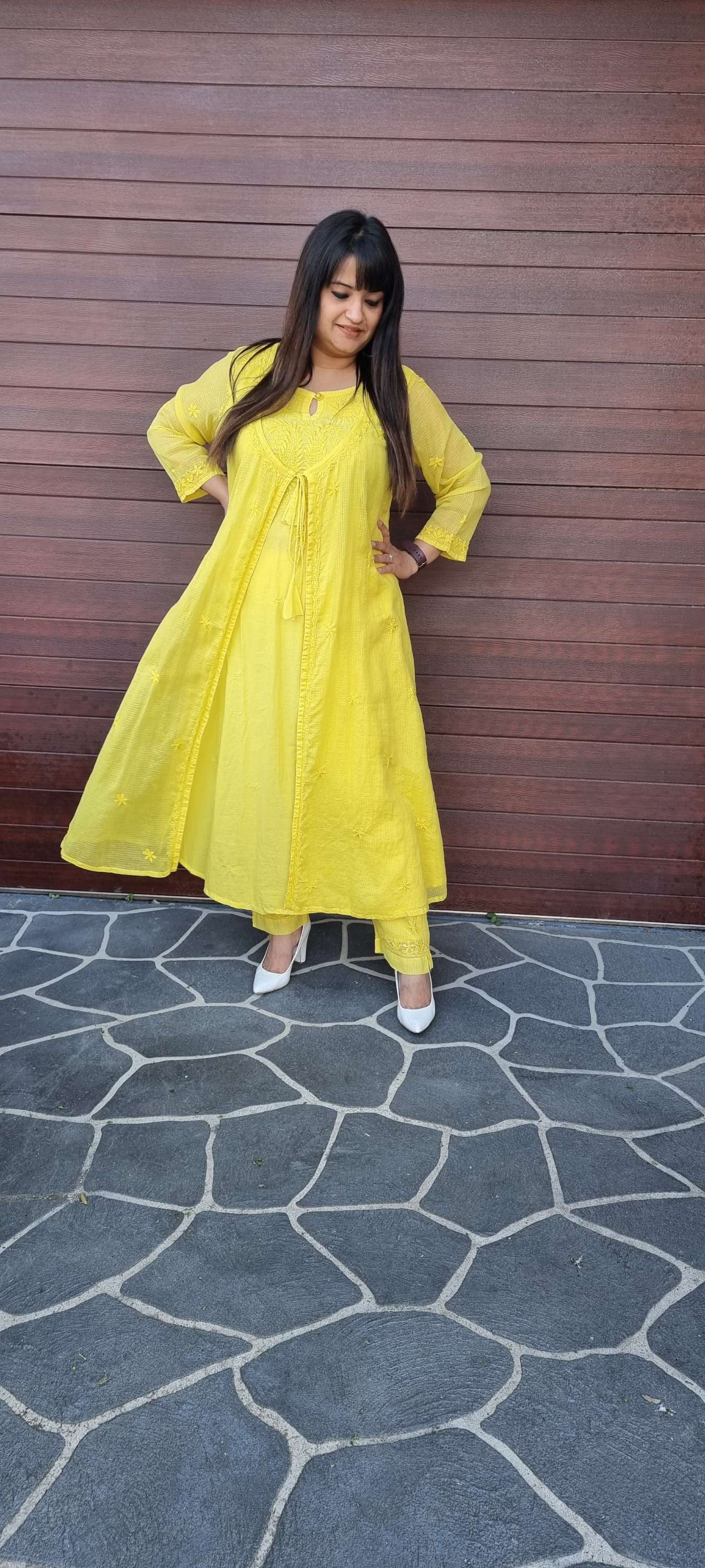 Cotton women's chikankari kurta — back view | Kota angrkaha kurta with pants