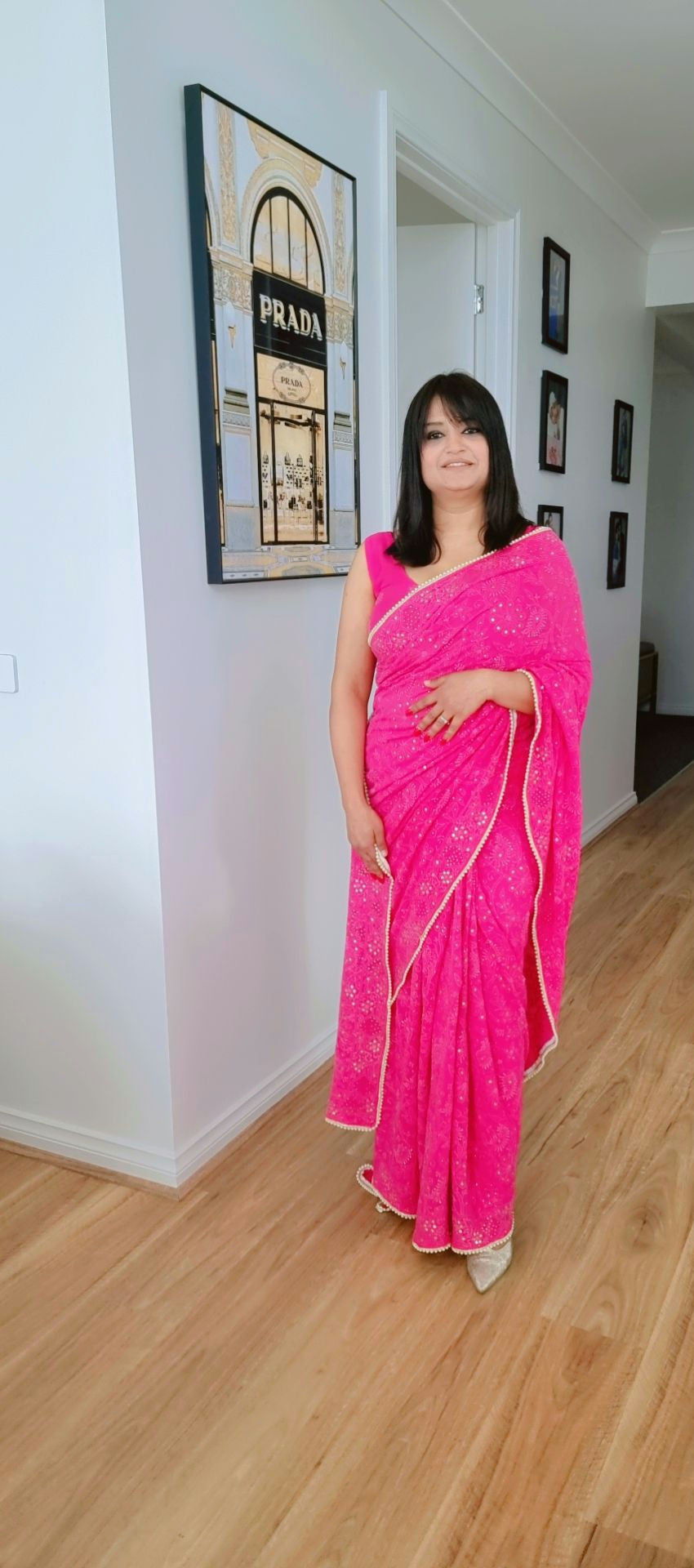 Hot Pink designer Chikankari & mukaishkari saree