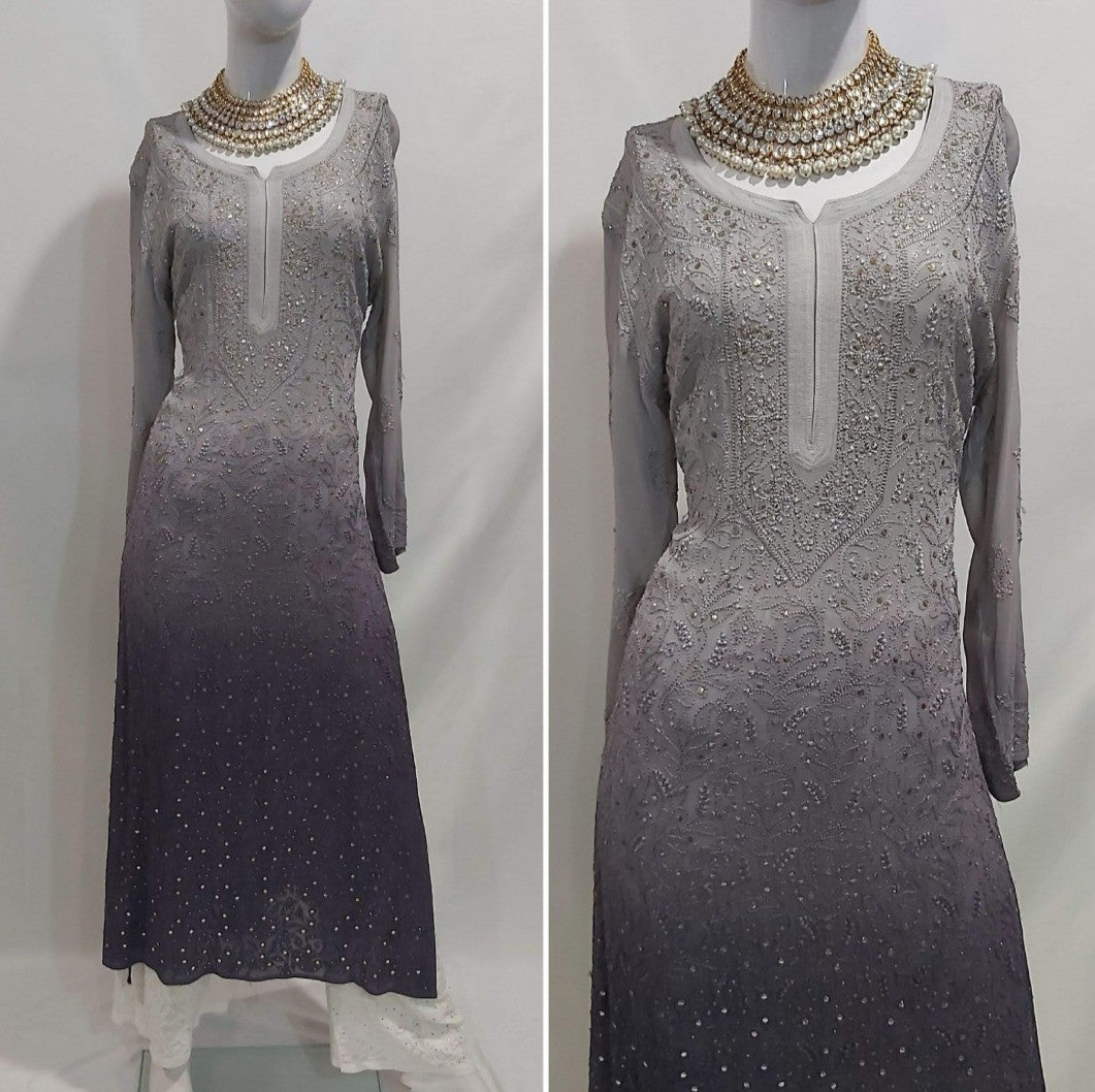 Georgette women's chikankari kurta — back view | Ruhaani Ombre Grey chikan mukaish kurta