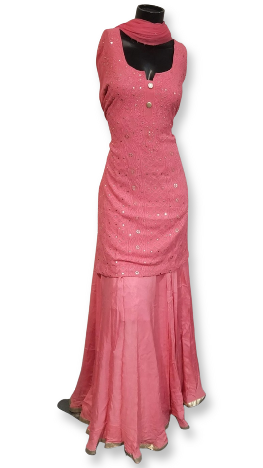 Pink Lehenga skirt with Short Kurta and Dupatta