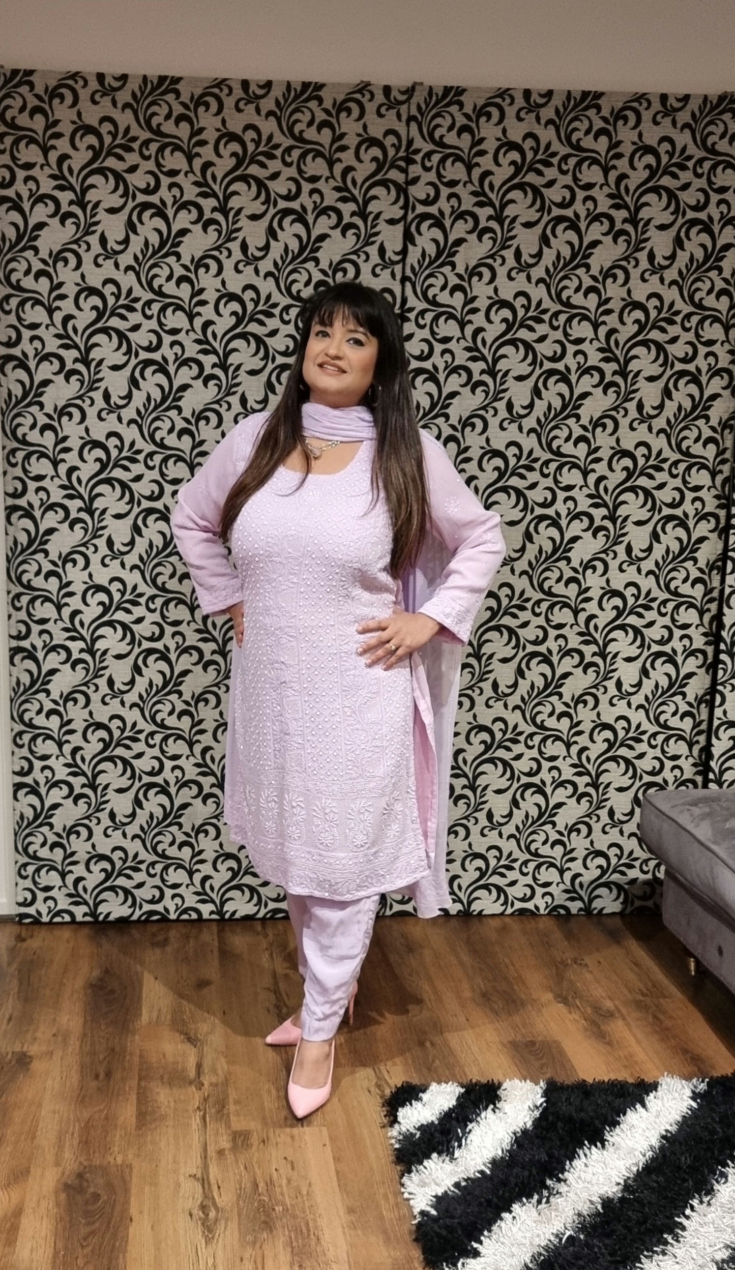Georgette women's chikankari suit — back view | Pearl work designer chikankari suit