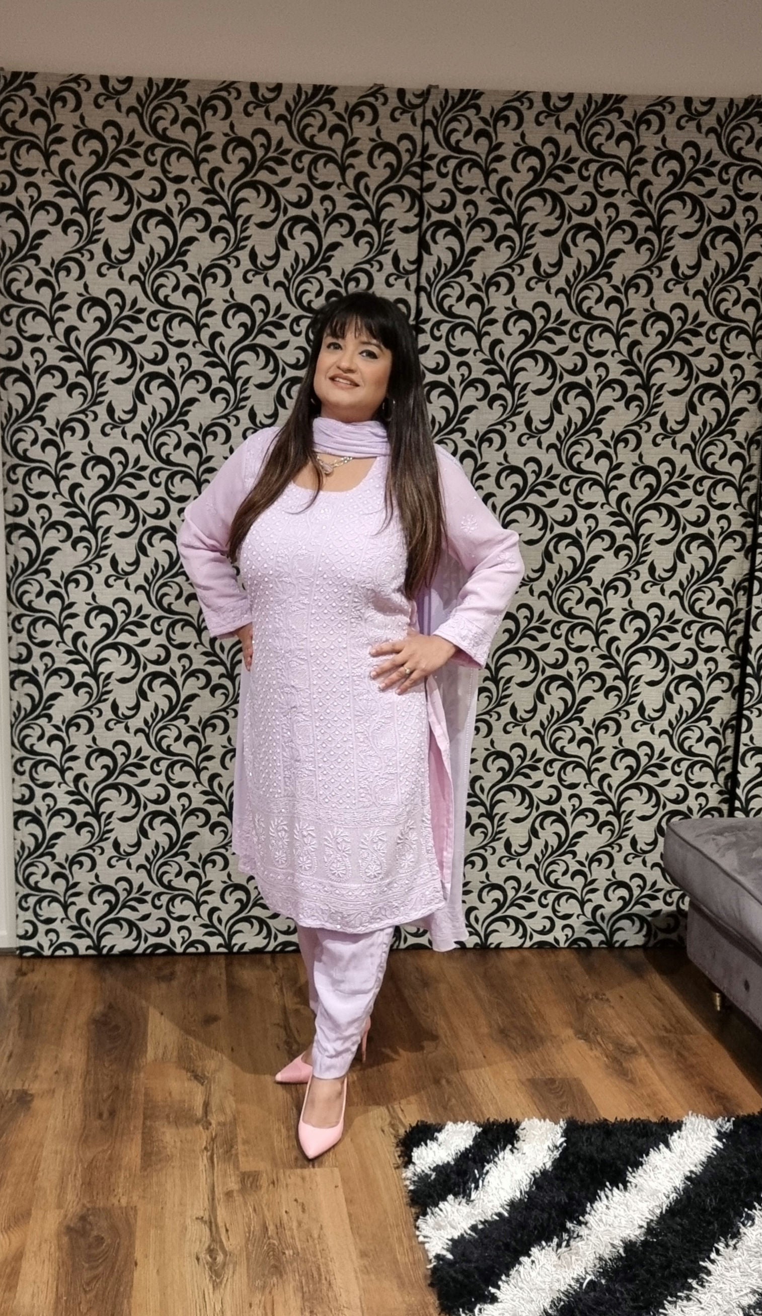 Georgette women's chikankari suit — back view | Pearl work designer chikankari suit