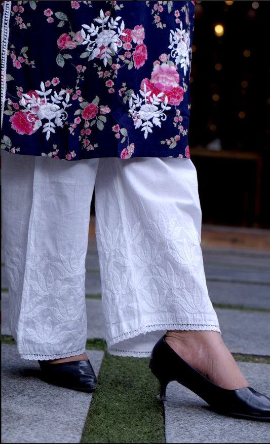 ALIZEH CHIKANKARI COTTON STRAIGHT PALAZZO- WHITE