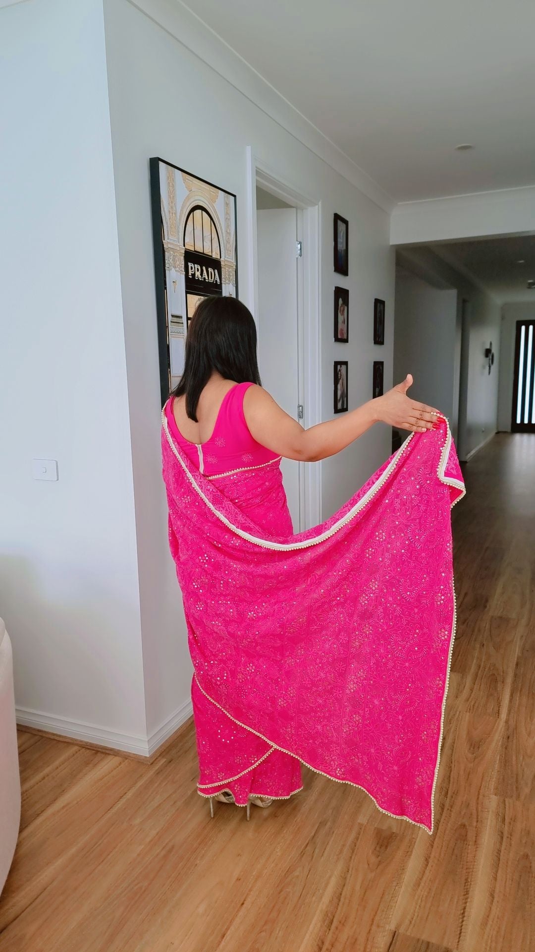 Hot Pink designer Chikankari & mukaishkari saree