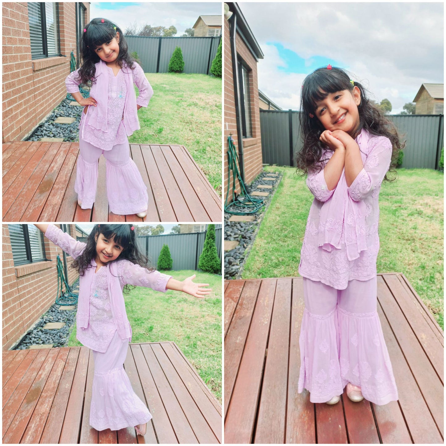 Lilac kids' chikankari sharara suit — front view | Lilac Kid's Sharara/Indian suit