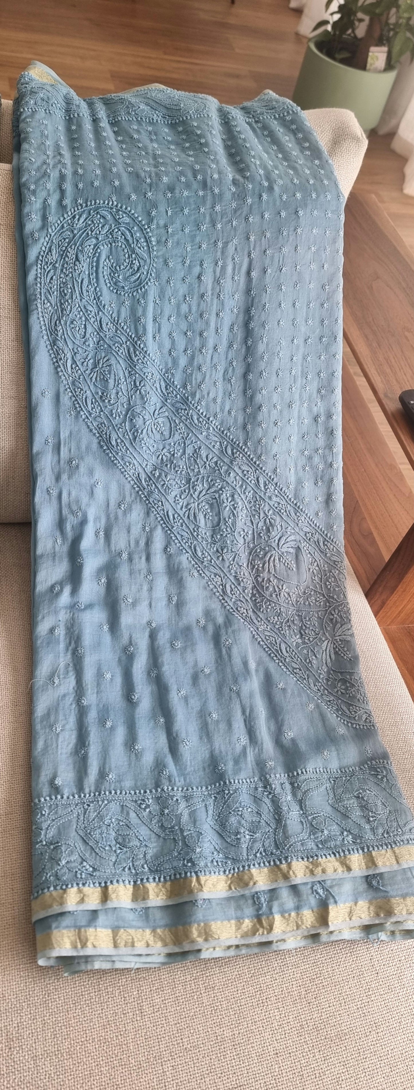 Silk chikankari saree — fabric close-up | Silk chikankari lucknowi saree