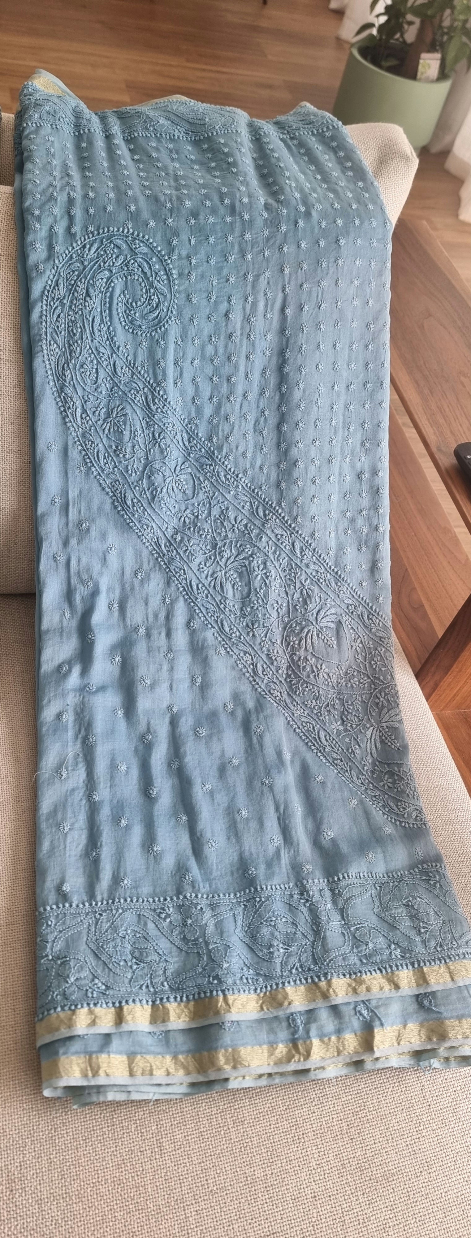 Silk chikankari saree — fabric close-up | Silk chikankari lucknowi saree