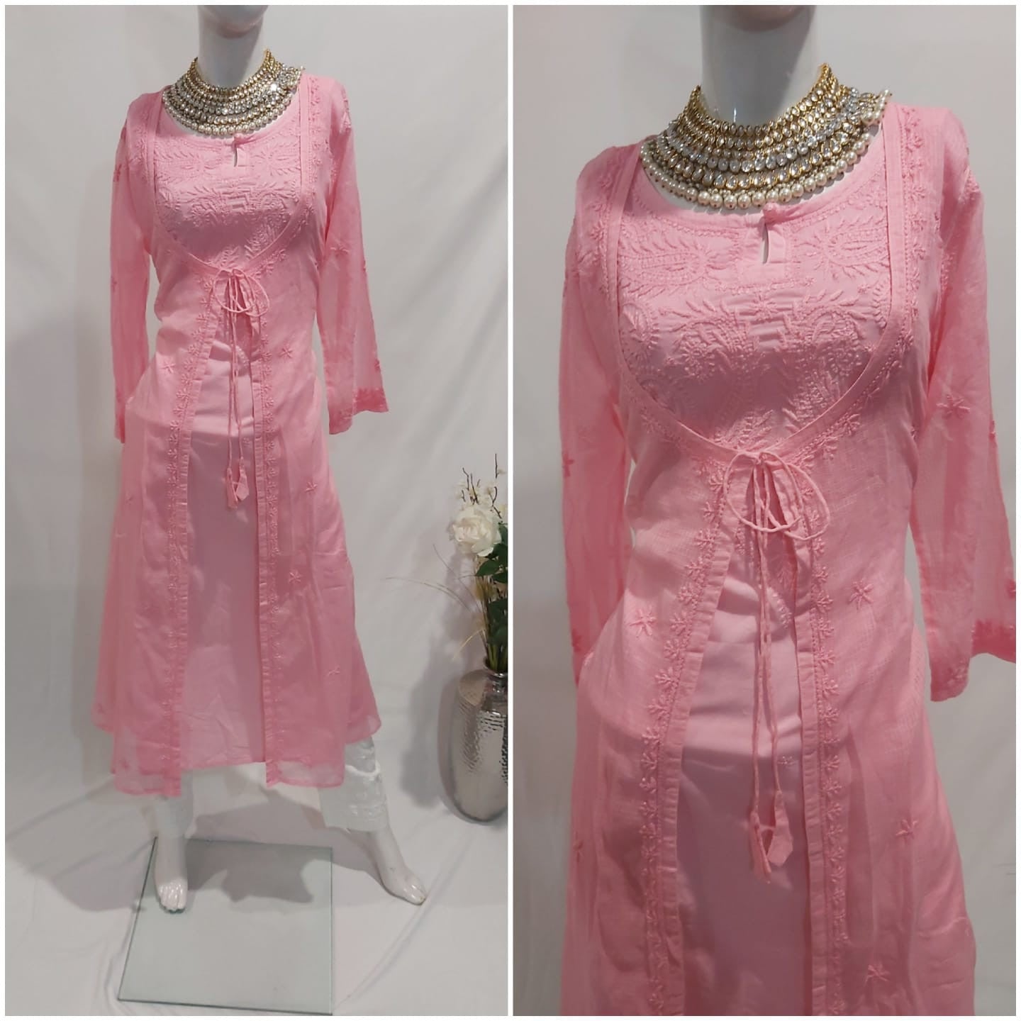 Cotton women's chikankari kurta — embroidery close-up | Kota angrkaha kurta with pants