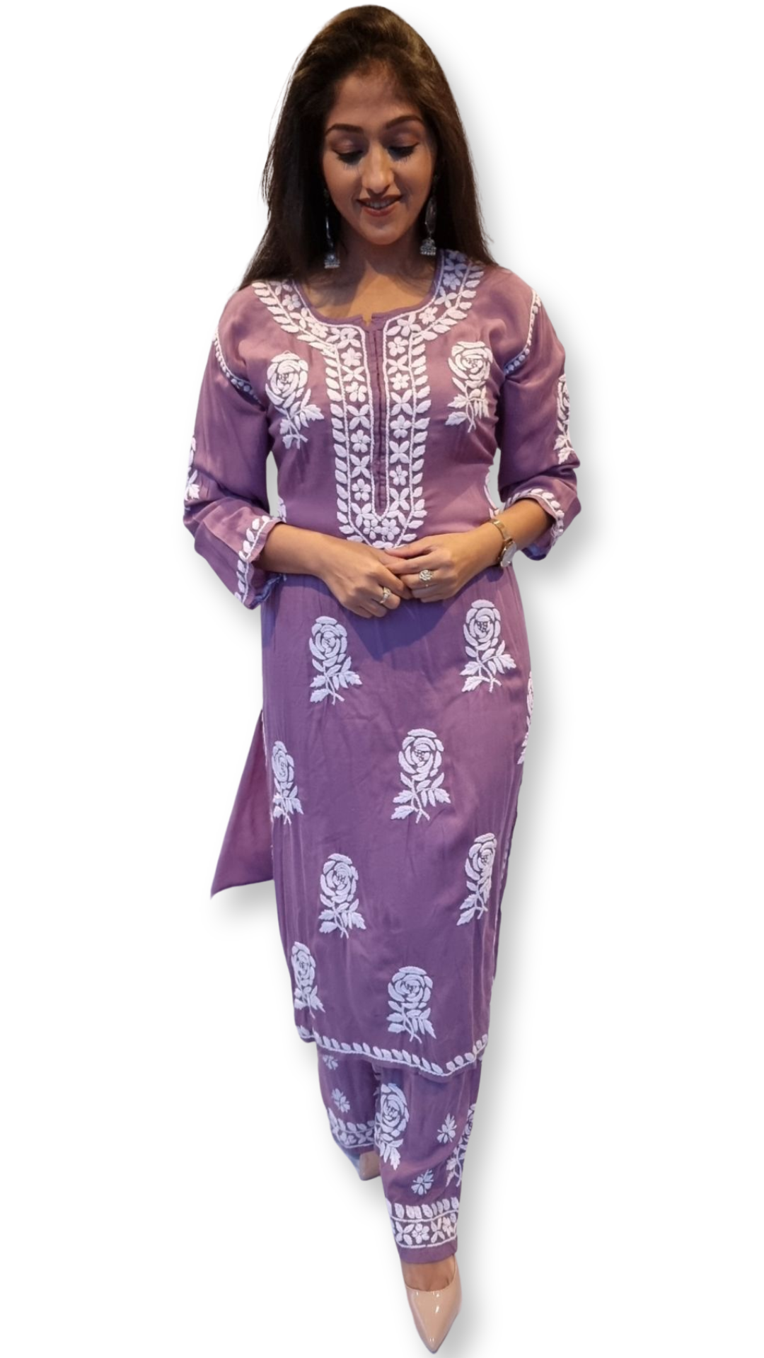 Mulmul cotton women's chikankari palazzo set — front view | Mulmul Kurta palazzo set
