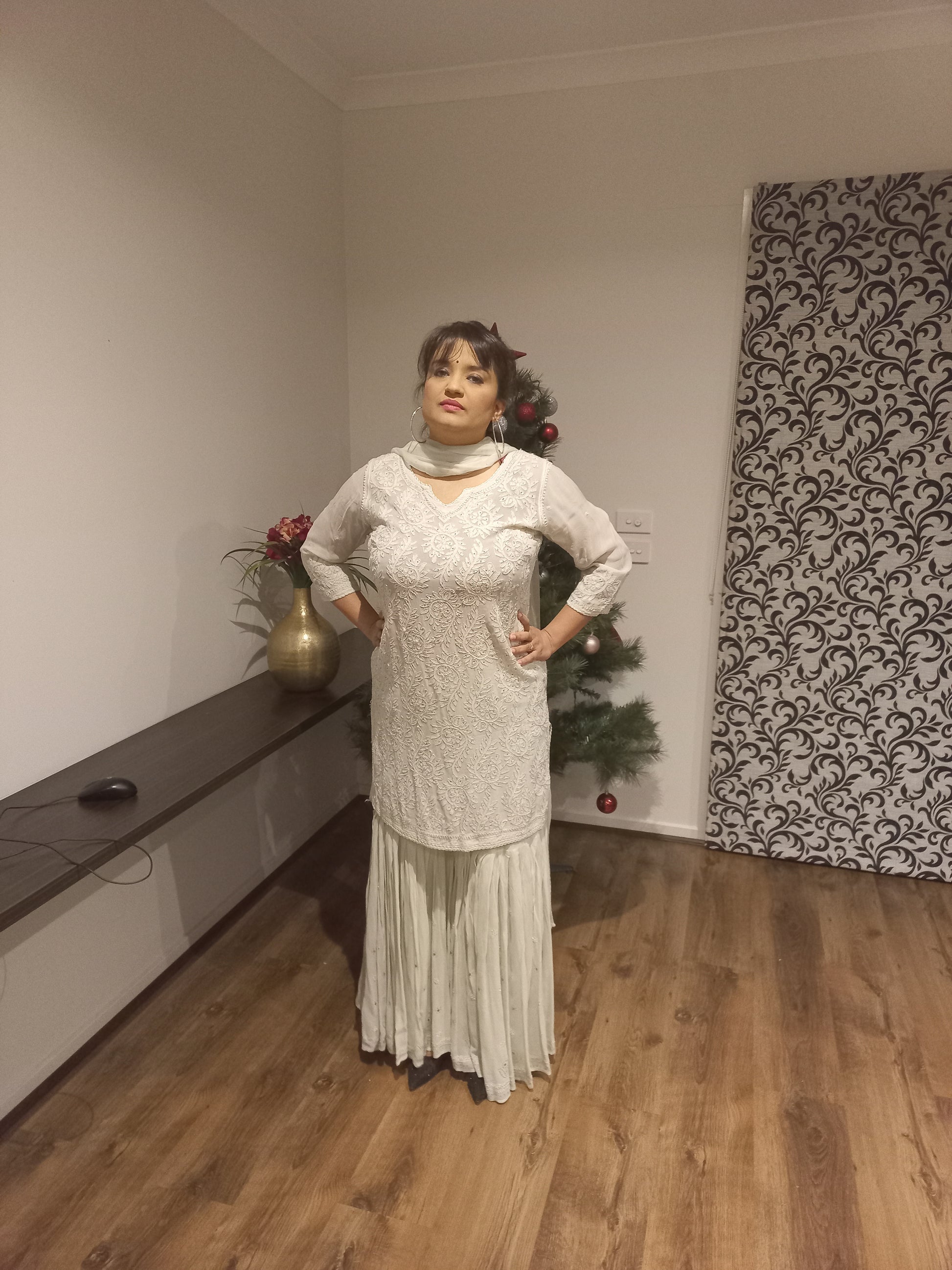 Georgette women's chikankari sharara suit — back view | Grey Short Kurta Luxury sharara suit