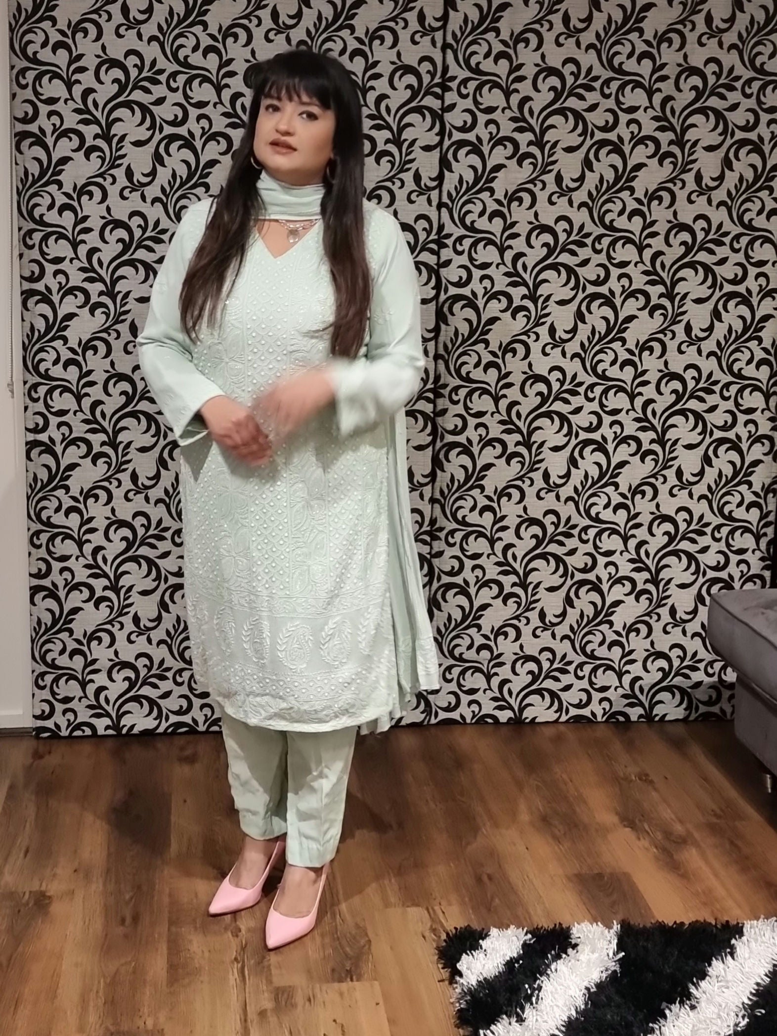 Georgette women's chikankari suit — side view | Pearl work designer chikankari suit
