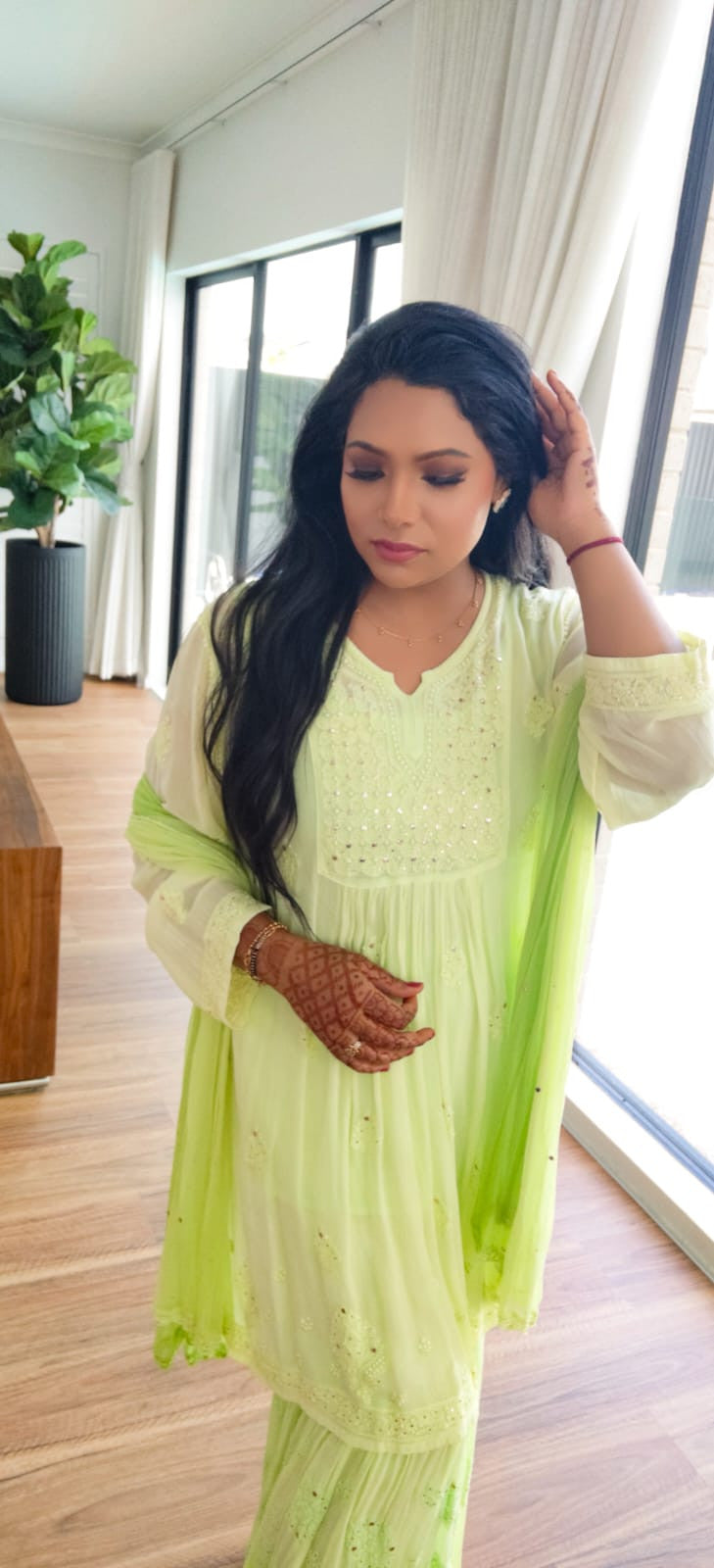 Georgette women's chikankari sharara suit — back view | Frock style luxury Sharara suit