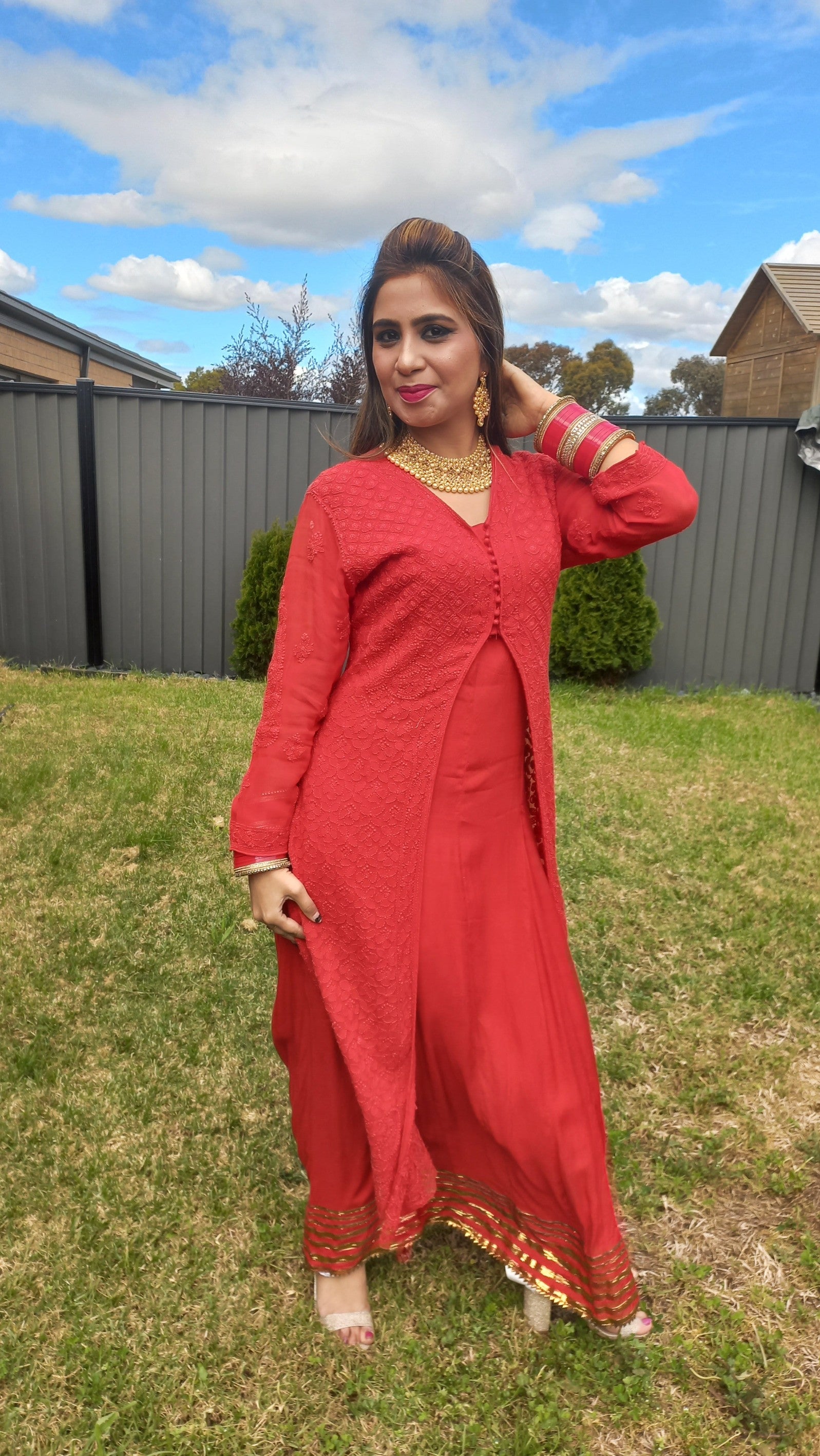 Women's chikankari dress — front view | Luxury Long dress with Jacket