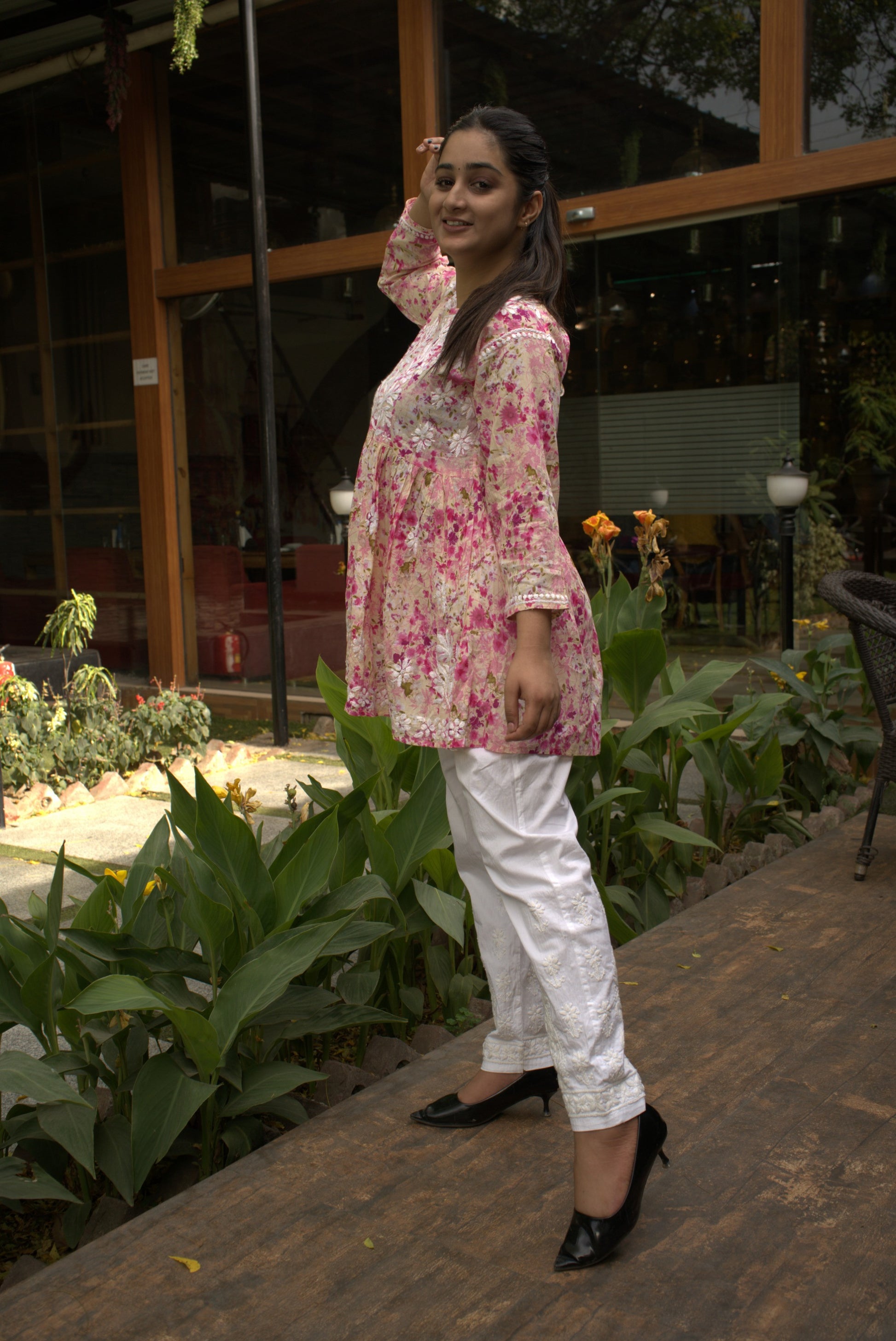 Cotton women's chikankari top — front view | Dia Short Cotton Top