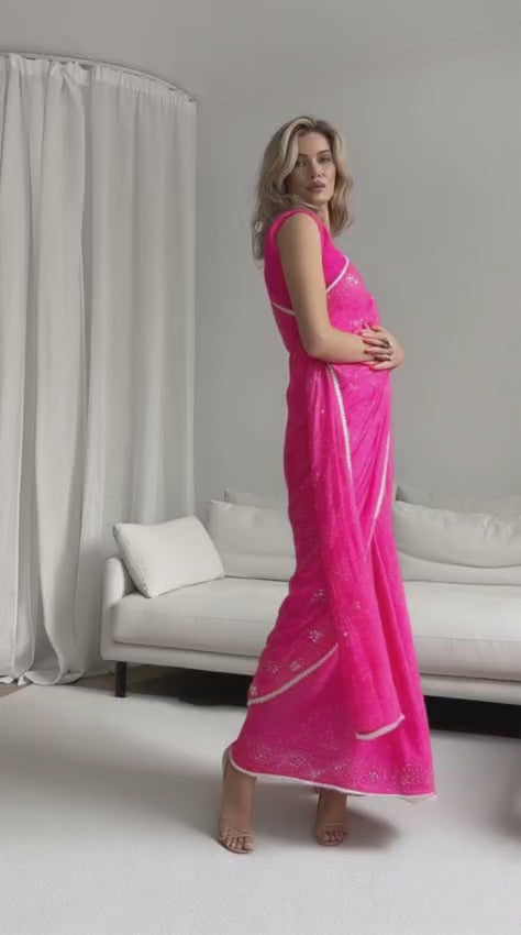 Hot Pink designer Chikankari & mukaishkari saree